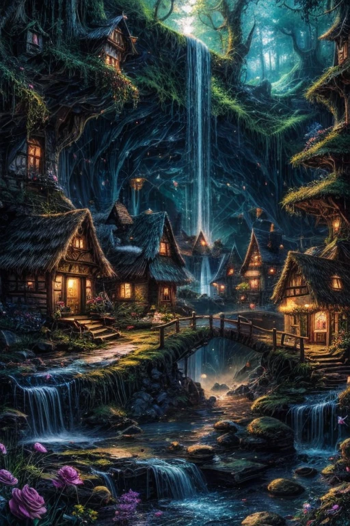Enchanting fairy village, waterfall, little houses, fantasy place