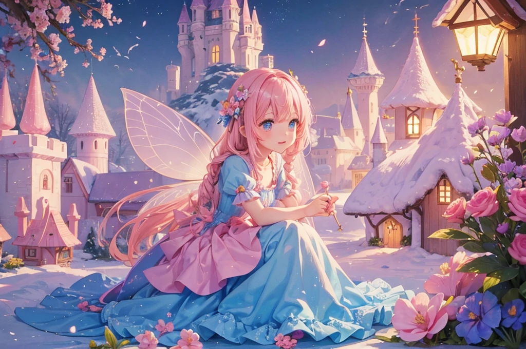 Clay Fairy Tale Village，Light pink tones，Candy decoration，(super complex，Super refined，Super quality，super adorable，fairy tale style)，gummy flowers