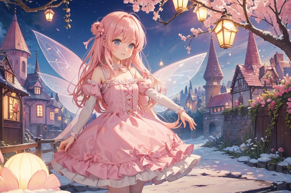 Clay Fairy Tale Village,Light pink tones,Candy decoration,(super complex,Super refined,Super quality,super adorable,fairy tale style),gummy flowers