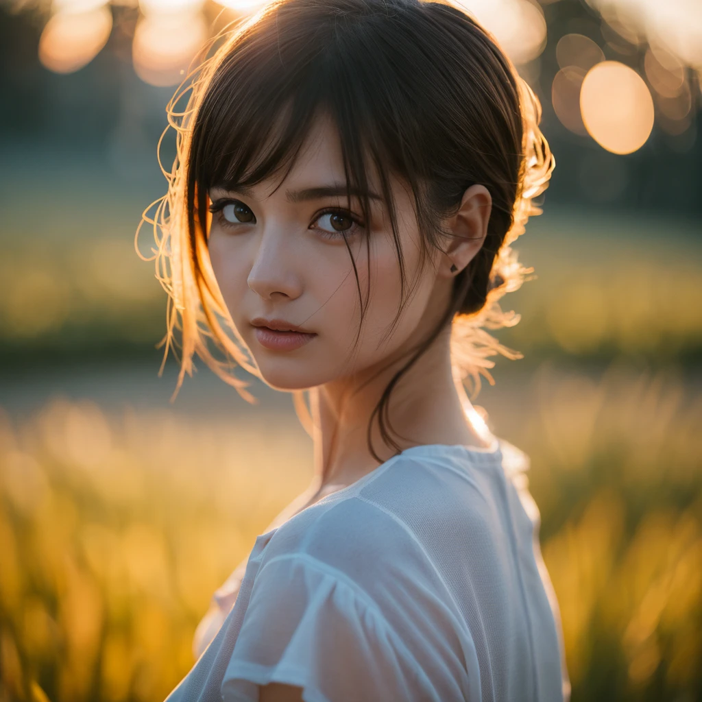 best quality, photorealistic, extremely delicate and beautiful, hyper real photograph of a woman, very detailed, morning sun, overflows backlight, soft focus, medium shot, 8 k, portrait, depth of field, professional lighting, film grain,