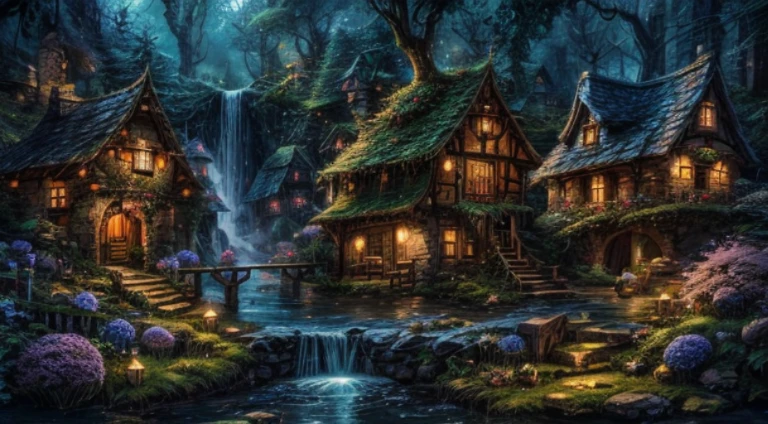 Enchanting fairy village, waterfall, little houses, fantasy place