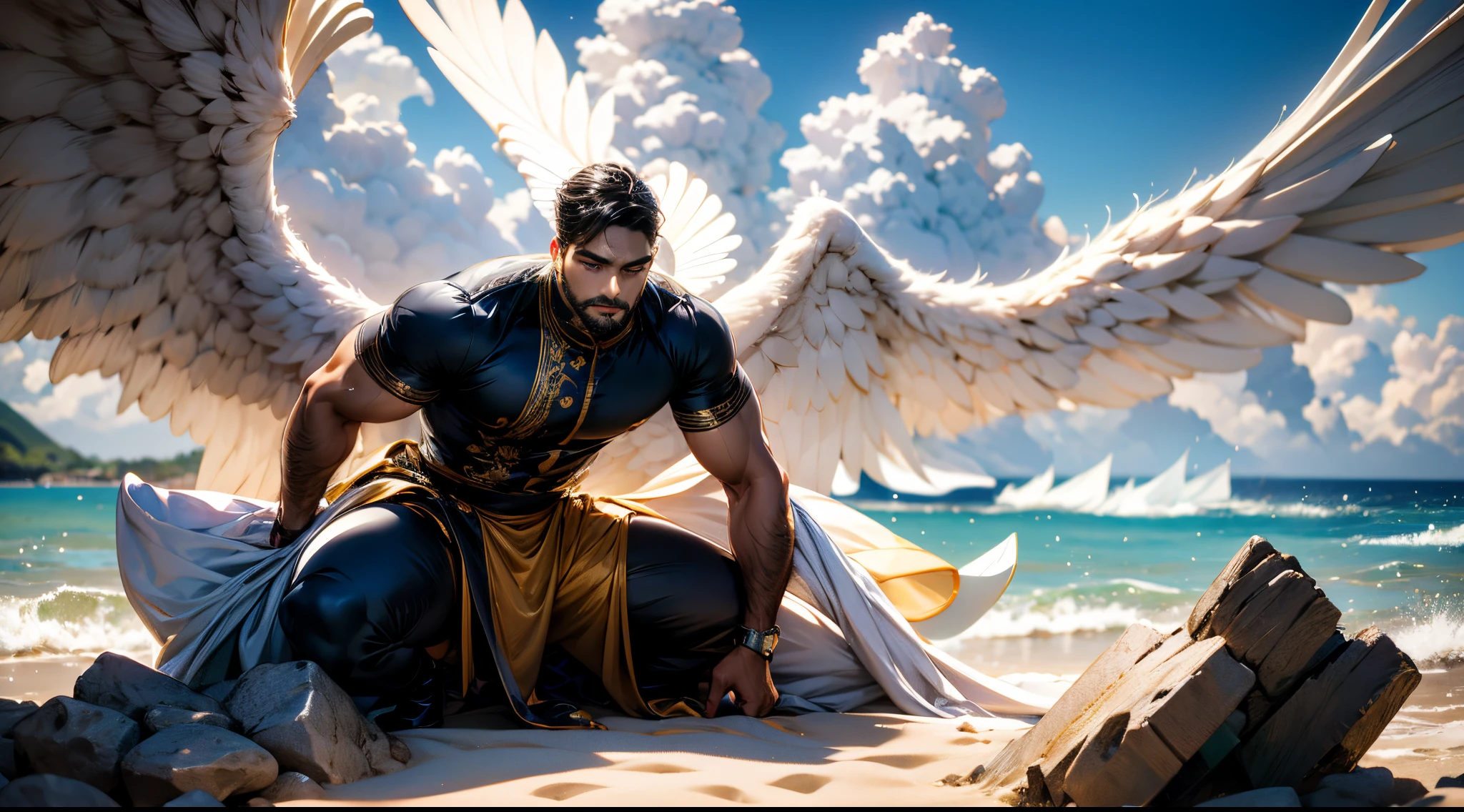 (best quality,ultra-detailed,realistic:1.37), Daegan Tronos Character(1), handsome, dark skin, dark-tanned, perfect wings angel, symmetrical wings,blue eyes,small beard, medium-long haircut,casual outfit, informal clothing, man stance, attractive,vibrant colors, modern outfit, martial pose.