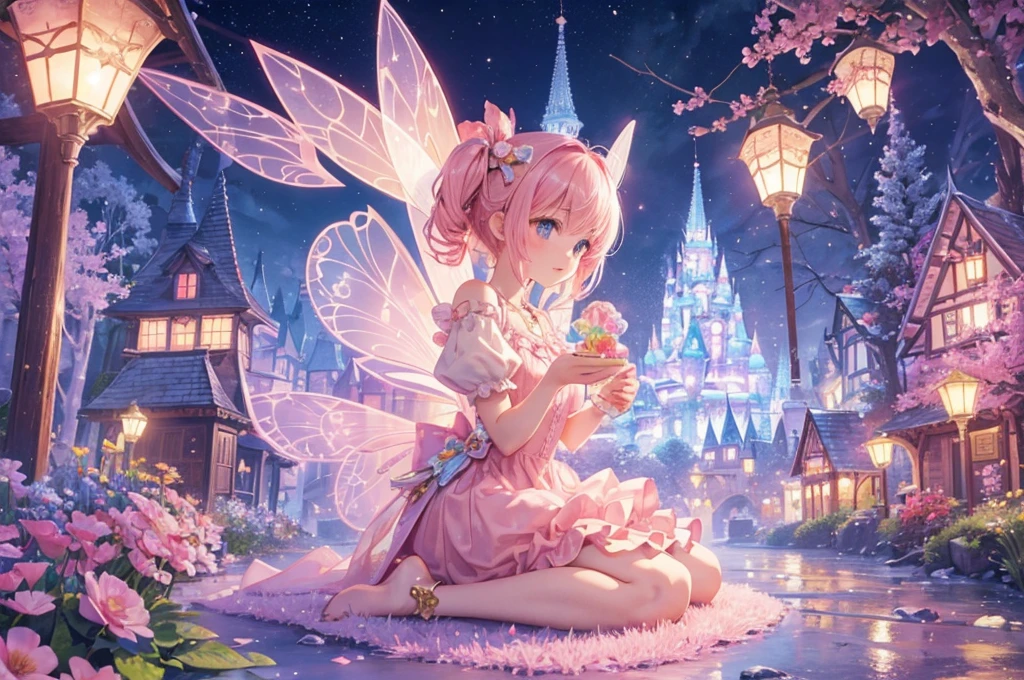 3D fairy tale village,Light pink tones,Candy decoration,(super complex,Super refined,Super quality,super adorable,fairy tale style),gummy flowers