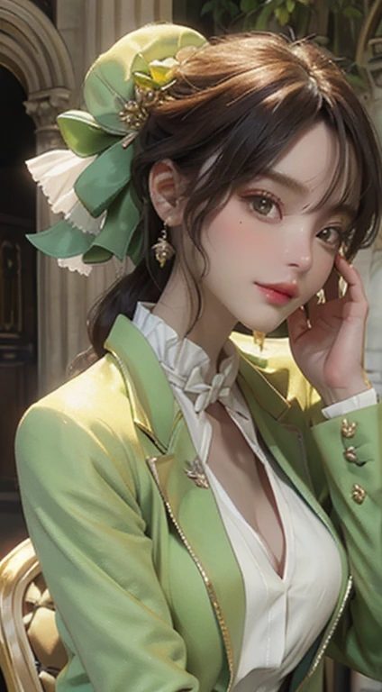 Un beau buste d&#39;A young female aristocratic European，Fleurs vert olive en arrière-plan，Hdr，grande ouverture，Faible saturation，cheveux longs，Boucles blanc clair，Portez un blazer marron，Boucles d&#39;earrings with sequins，fair-skinned，high sharpness，Doux et généreux