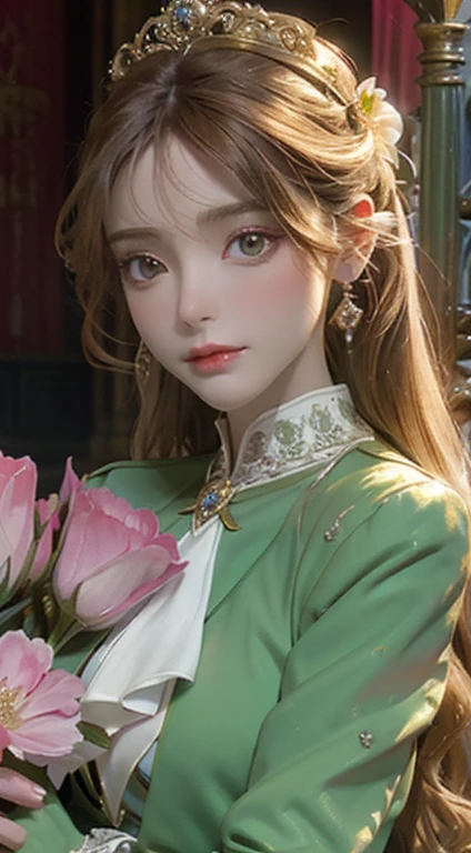 Un beau buste d'A young female aristocratic European,Fleurs vert olive en arrière-plan,Hdr,grande ouverture,Faible saturation,cheveux longs,Boucles blanc clair,Portez un blazer marron,Boucles d'earrings with sequins,fair-skinned,high sharpness,Doux et généreux