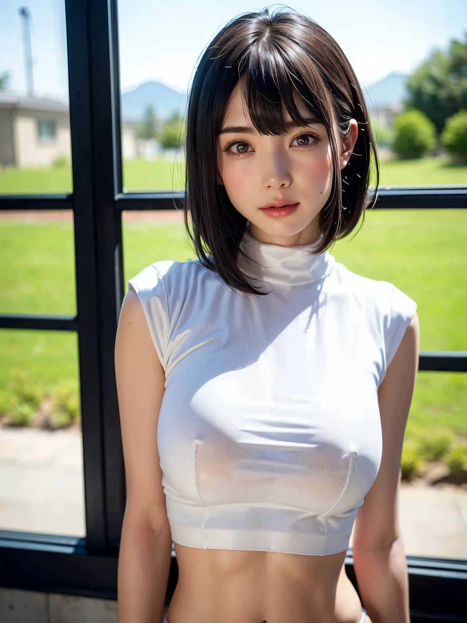 (masutepiece, top-quality、face focus focus、Armpit focus、navel focus、decolletage focus、underboob、Very attractive beauty、Add intense highlights to the eyes、Look firmly at the camera:1.4、A beautiful woman full of charm、Ideal ratio body proportions、Perfect Anatomy、Brunette Short Bob Hair、Lustrous hair、bangss:1.4、46 point shiny bangs:1.4、lipgloss),1girl in, report, Light brown shiny hair, muffler,realisitic, looking at the viewers、Tilt your head slightly, Bright colored crystal light blue eyes, short shiny hair、 White turtleneck outfit with a hole in the center of the chest,Sexy white turtleneck knit sweater with a round hole in the middle of the chest、 s lips, lipgloss, The upper part of the body、big eye、Lashes、A little red in the face、Embarrassing)、((Italian winter window scenery))、((short hair with big eyes、Put very strong highlights in your students、{Gigantic|Big|Huge|Mega} breasts:1.4、beautiful deep valley、very Bigger breasts:1.4、gazing at viewer、Very beautiful beauty、Put your ears out、Long and beautiful Zhu Lake 1.4、、smil、Happy:1.4、Beautiful teeth、Open your mouth and laugh、Very cute smile、Heart-shaped pupil))、28 year old、Very cute supermodel、(((bangss、shiny bangs)))