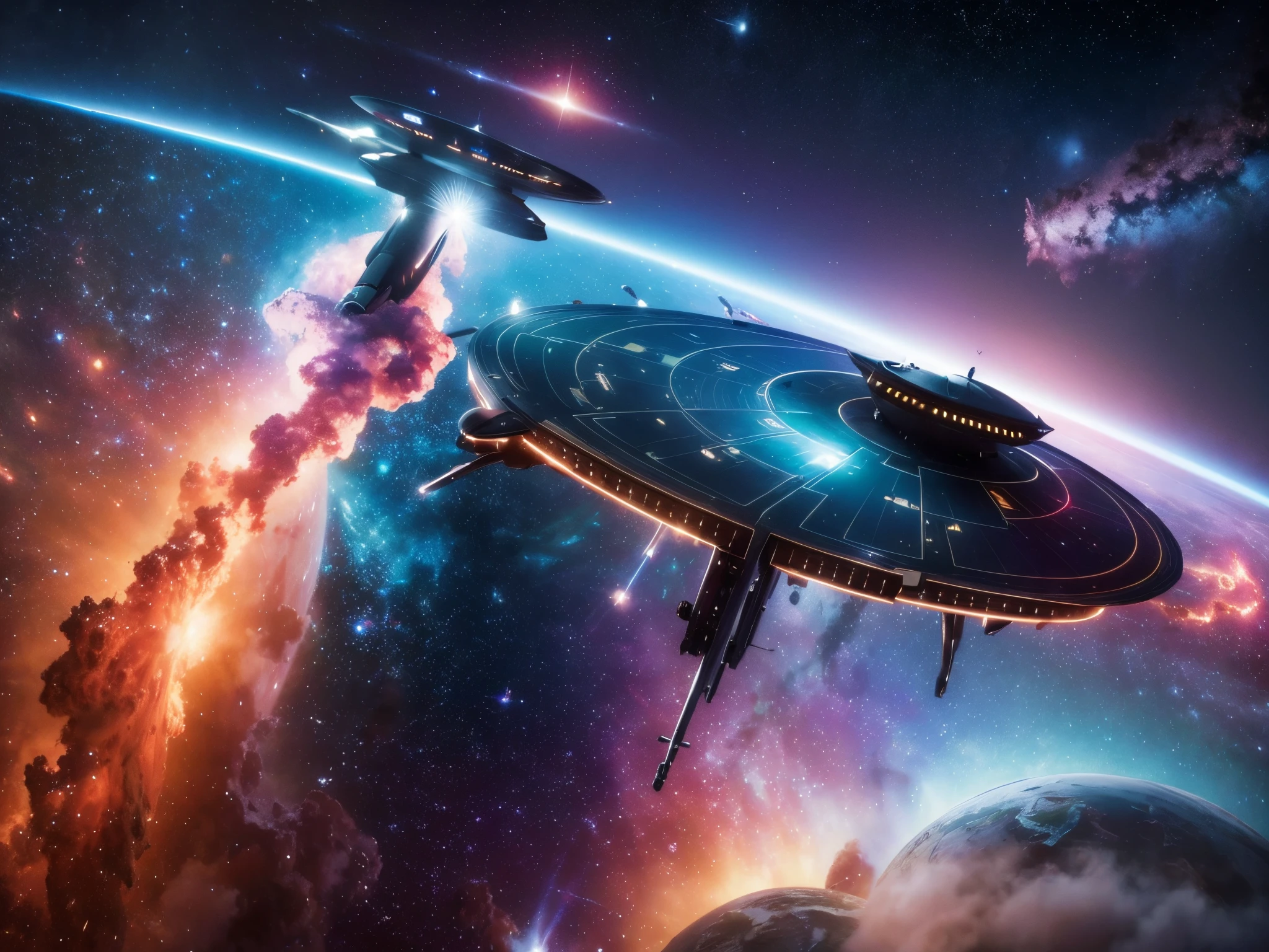 Create a dramatic and cinematic portrayal of the USS Enterprise NCC-1701-D navigating through a vibrant and colorful nebula. Reference the works of space artists like David A. Hardy or Chesley Bonestell.