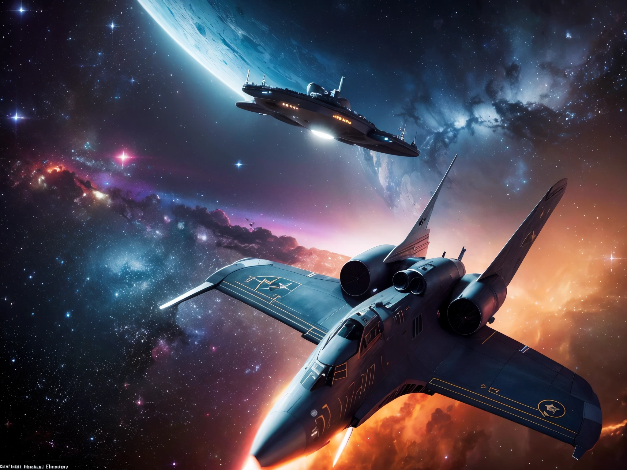 Create a dramatic and cinematic portrayal of the USS Enterprise NCC-1701-D navigating through a vibrant and colorful nebula. Reference the works of space artists like David A. Hardy or Chesley Bonestell.