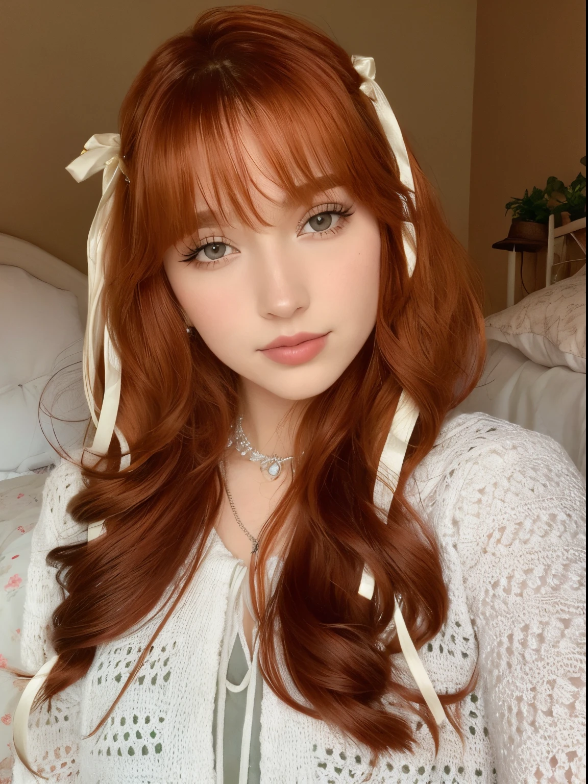tem uma mulher ruiva e camisa branca, com cabelos ruivos cacheados, cabelos longos com franja, cabelos castanhos e franja, cabelo arrumado com franja, cabelo castanho com franja, cabelo comprido com franja completa, cabelo longo castanho com franja, com longos cabelos ruivos, com franja, longos cabelos ruivos brilhantes, flowing ginger hair, cabelos ruivos macios, long flowing red hair