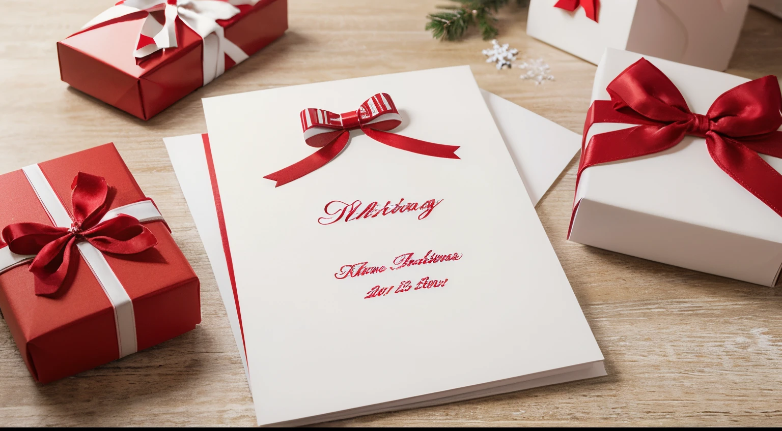 a white christmas card with red and white presents and a red bow, red and white color theme, background green