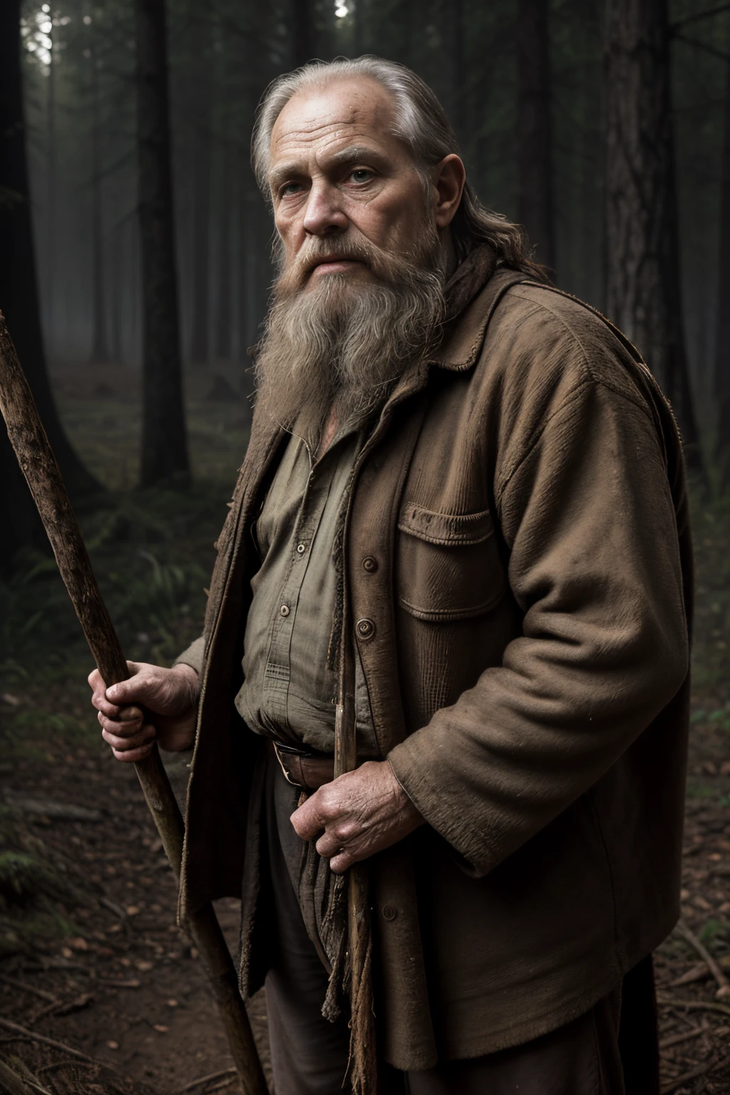 An ancient old man with a big staff in his hands, dense forest, outskirts, hut, tamed wolf, (best quality, 4k, 8k, highres, masterpiece:1.2), ultra-detailed, (realistic, photorealistic, photo-realistic:1.37), oil painting, detailed facial features, long beard, weathered skin, wise eyes, wrinkled face, tattered clothes, mystical atmosphere, dark and earthy tones, dim lighting.