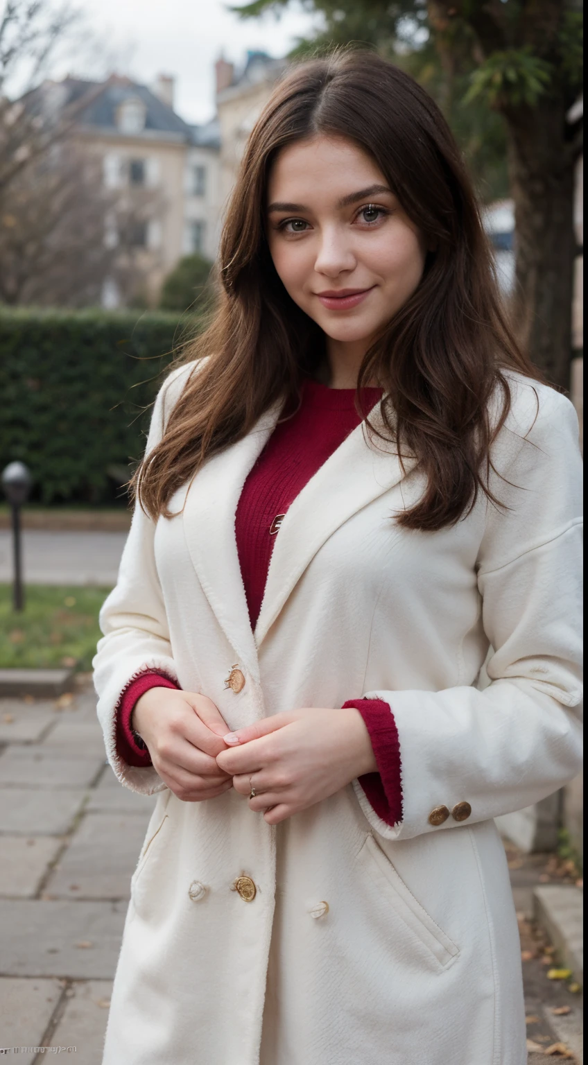 ((Best quality)), ((шедевр)), (Detailed), visage parfait, Lenaya Grace, winter clothes, corps entier, Souriant, detailed background, parc, jardin