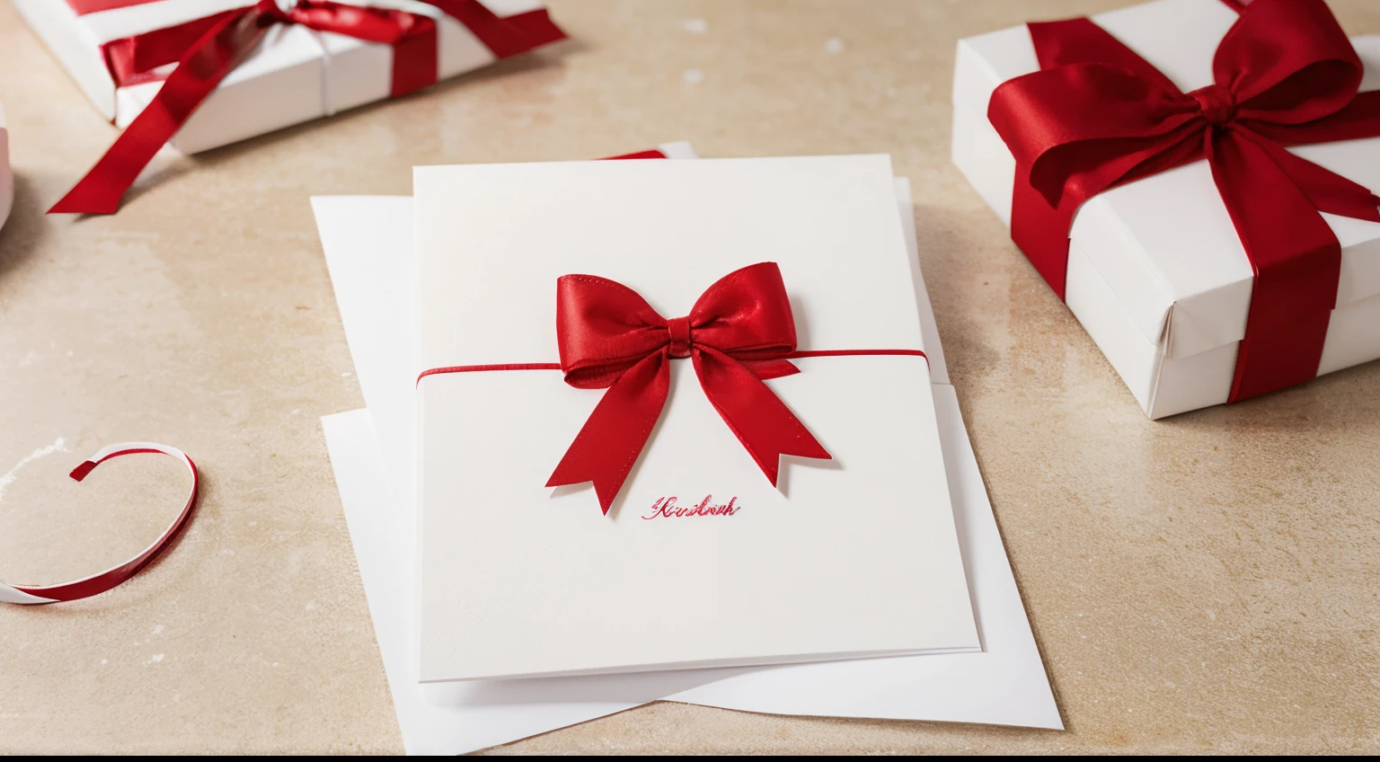 a white christmas card with red and white presents and a red bow, red and white color theme, background white