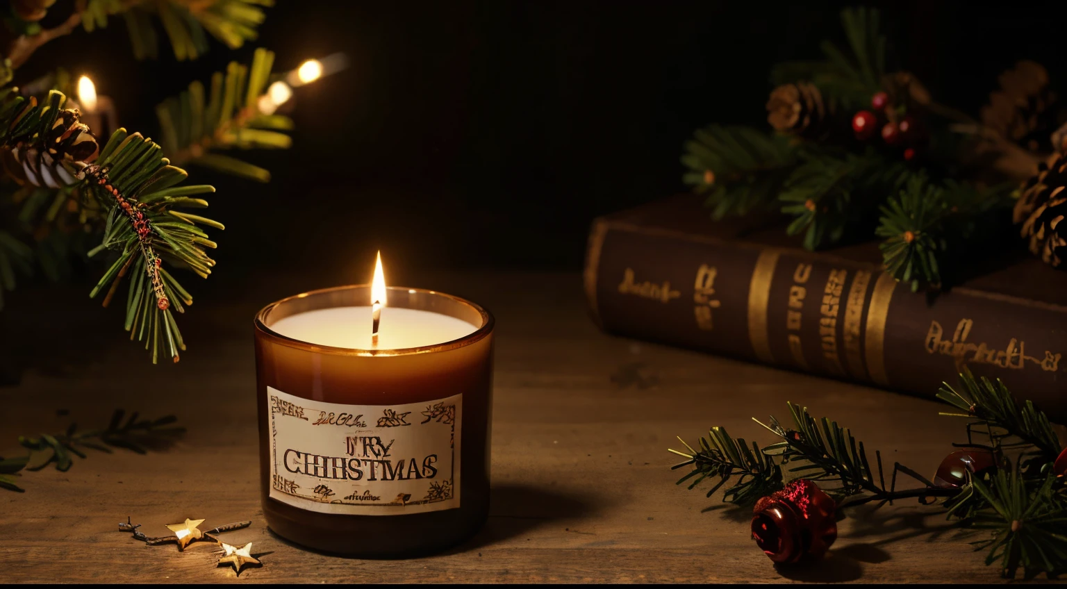 a candle with a christmas message on it and a pine branch, merry, christmas night