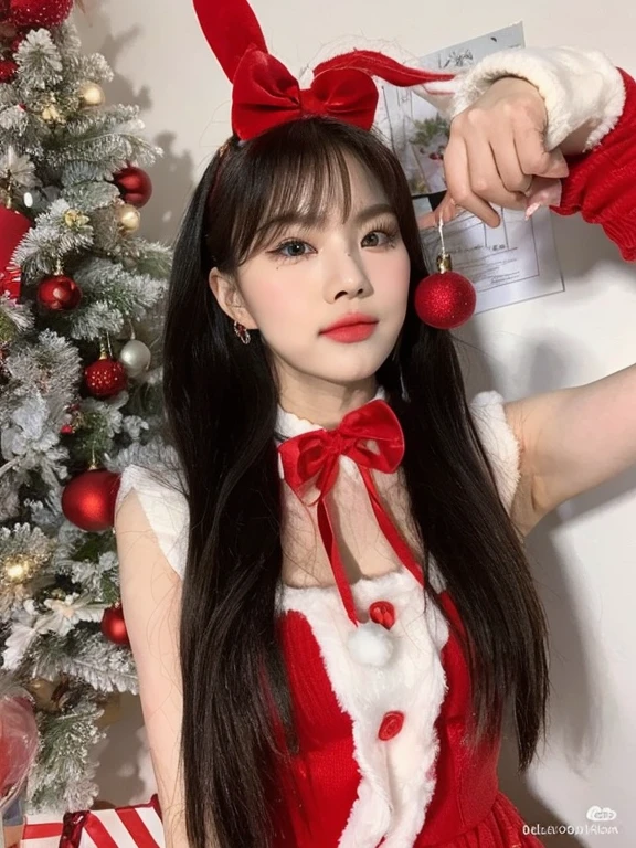 A closeup of a woman dressed as Santa holding a Christmas tree, Lalisa Manobal, ulzzang, Lalisa Manoban de Blackpink, Sakimichan, Wan adorable cara coreana, con flequillo, con flequillo completo, Tohsaka also., Ella tiene el pelo negro con flequillo, Ruan lindo vtuber, Cabello largo con flequillo completo