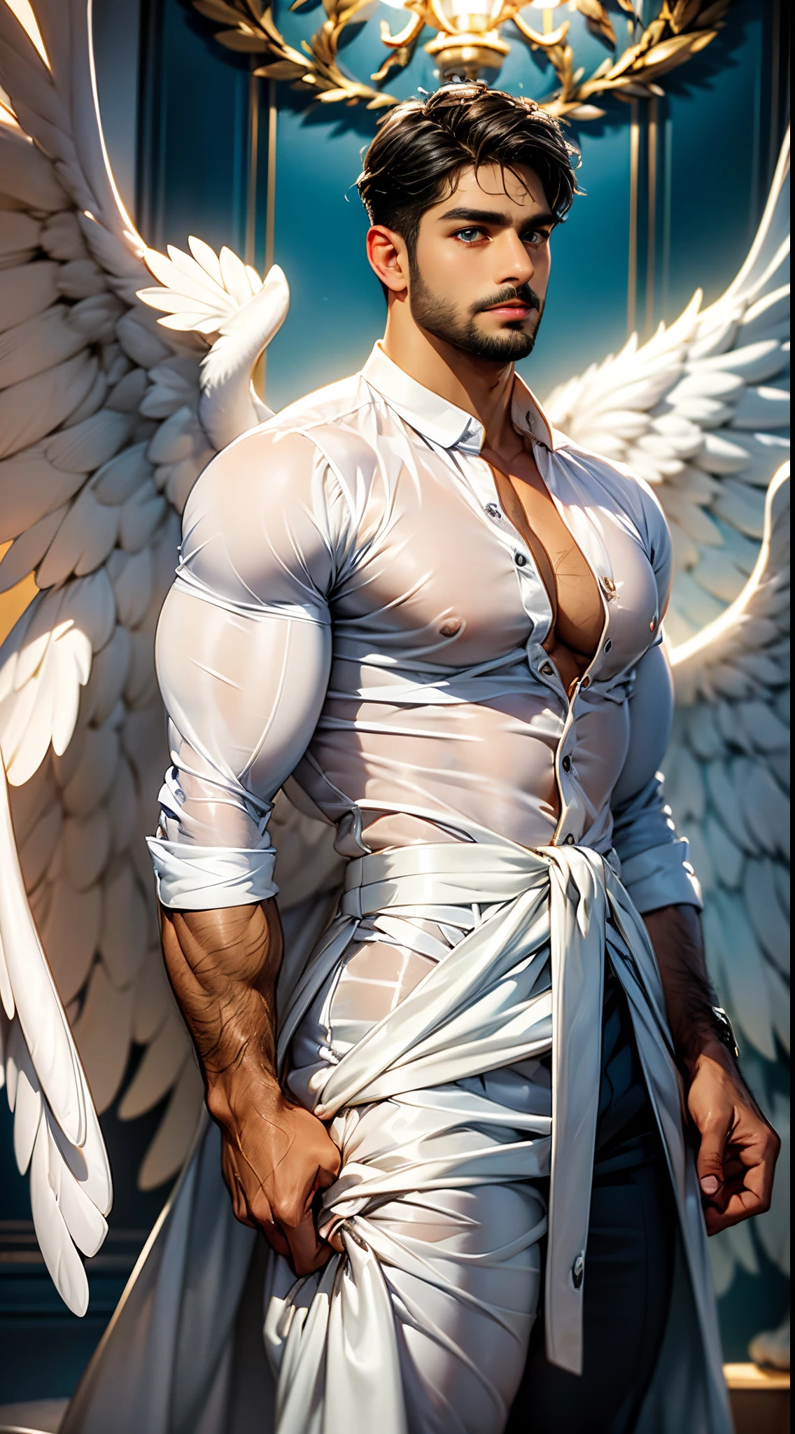 (best quality,ultra-detailed,realistic:1.37), Daegan Tronos Character(1), handsome, dark skin, dark-tanned, perfect wings angel, symmetrical wings,blue eyes,small beard, medium-long haircut,casual outfit, informal clothing, man stance, attractive,vibrant colors, modern outfit, martial pose.