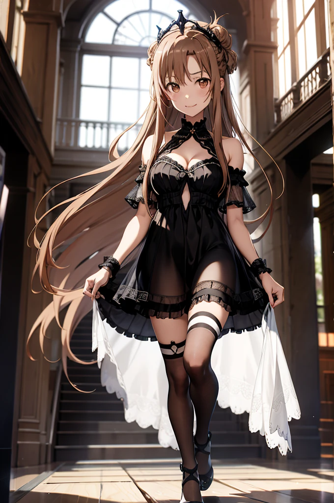 anime, highly detailed face, highly detailed eyes, highly detailed background, perfect lighting, full body, 1girl, solo, Asuna Yuuki, asuna, formal, indoors, smile, black short dress, black heels, cleavage, tiara, jewelry, hair bun, frilled skirt, see-through, black thighhighs, long light brown hair, absurdres, high res, ultrasharp, 8K, masterpiece, looking at viewer