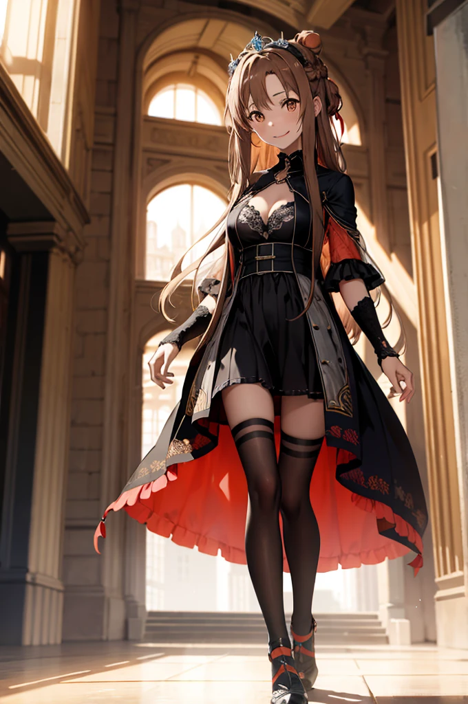 anime, highly detailed face, highly detailed eyes, highly detailed background, perfect lighting, full body, 1girl, solo, Asuna Yuuki, asuna, formal, indoors, smile, black short dress, black heels, cleavage, tiara, jewelry, hair bun, frilled skirt, see-through, black thighhighs, long light brown hair, absurdres, high res, ultrasharp, 8K, masterpiece, looking at viewer