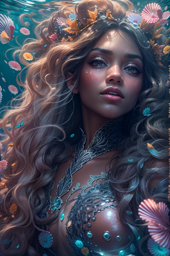 Insanely Detailed Photograph Of A Elaborate Beautiful ebony Mermaid Under Water, Beautiful Face, Portrait, Flowing Shell Covered Pastel Translucent Dress, Glowing, Luminescent, Night, Big Glowing Corals, Glossy Lipstick, Intricate Glistening Skin And Face, Bright Eyes, Ultra Long Flowing Hair, Waves
