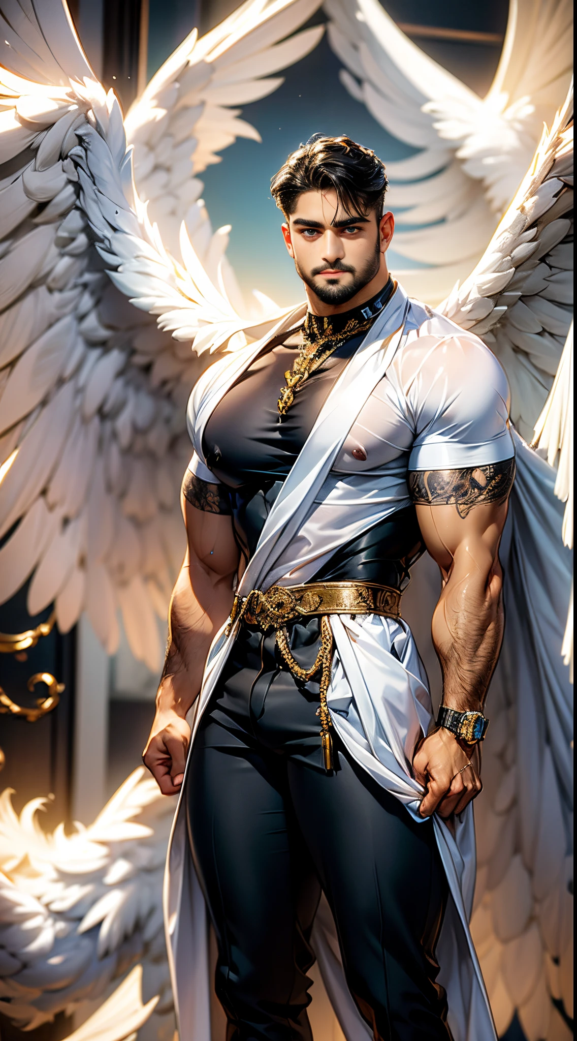 (best quality,ultra-detailed,realistic:1.37), Daegan Tronos Character(1), handsome, dark skin, dark-tanned, perfect wings angel, symmetrical wings,blue eyes,small beard, medium-long haircut,casual outfit, informal clothing, man stance, attractive,vibrant colors, modern outfit, martial pose.