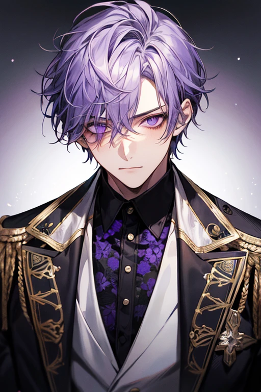 24-year-old boy, peau chaude, pupilles violettes, visage mature, head portrait, cheveux violets, Cheveux courts, costume de concentration du visage, veste, chemise blanche, attacher, pantalon, Best quality, face details.