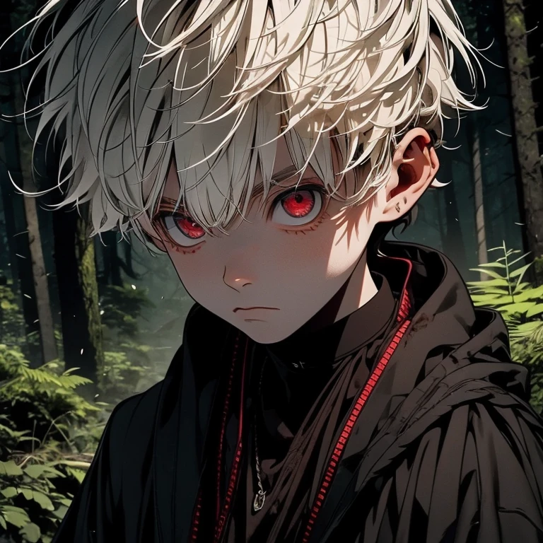 Male, boy, , light brown skin, red eyes, white hair, short messy hairstyle, good posture, perfect anatomy, character sketch, dramatic, wide angle, forest background, dirty and worn out black robes, wounded, high quality,proper shadows and highlights, protagonist, male solo, hero, character design sheet, 4 different expression, alignment properly, anger, happy, amazement, sad, consistency,character model.