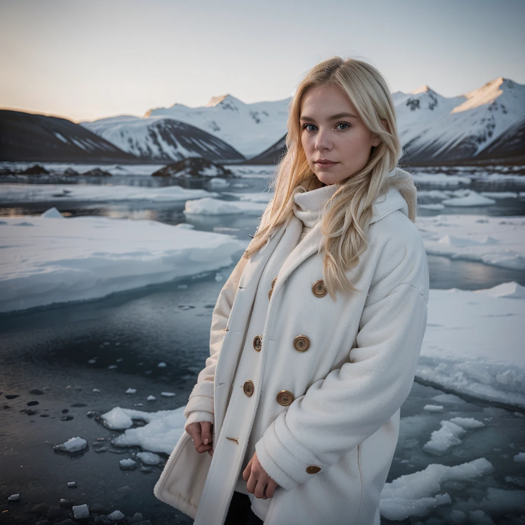 Portrait photo of a 28-year-old blonde woman in the Arctic, crisp and ethereal, wearing warm clothing, ice landscape background, soft twilight glow, captured with a Fujifilm GFX 50S, styled after Annie Leibovitz.