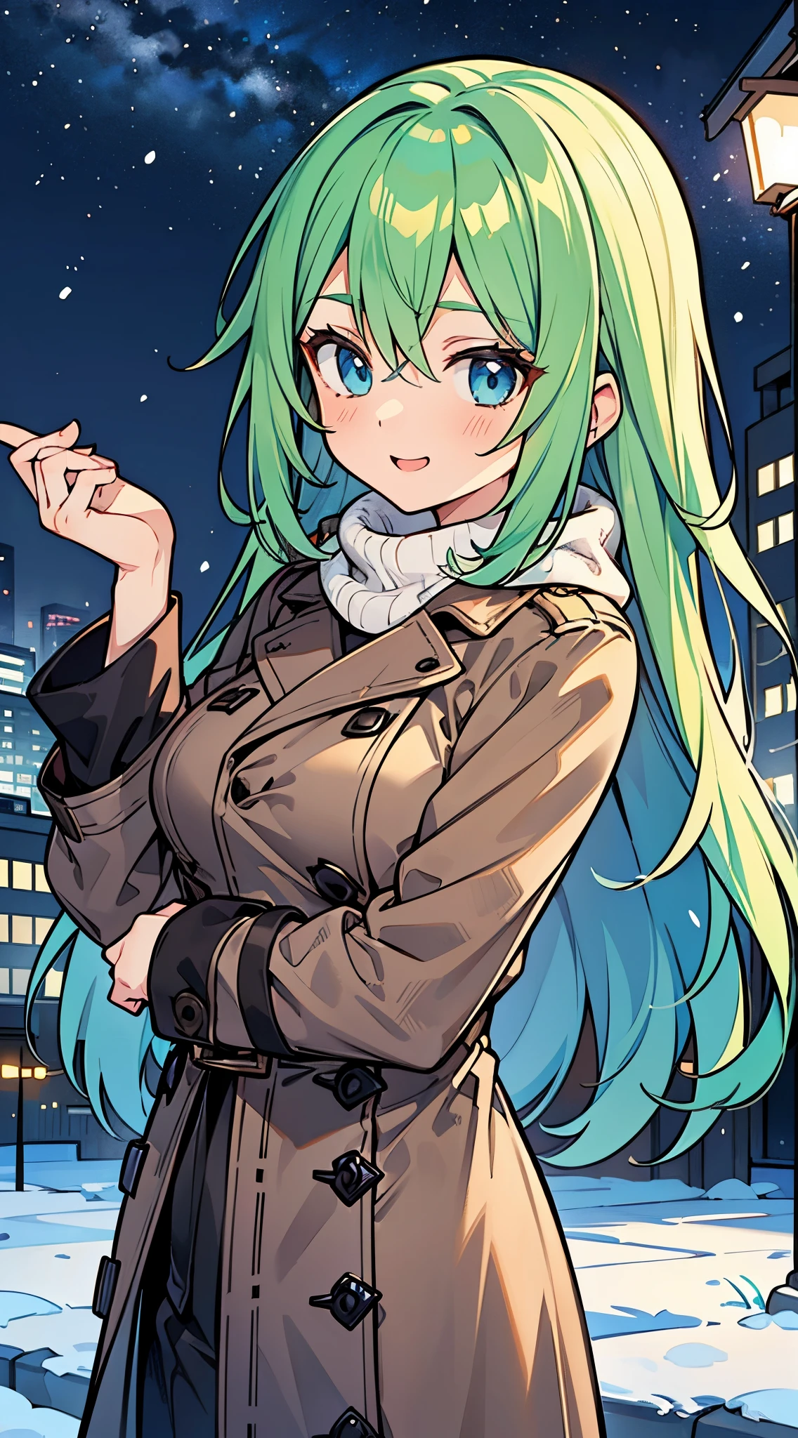 ((A Pretty girl with green hair and blue eyes)), ((wearing brown trench coat and muffler)), Loli face, ((master piece, top-quality, ultra-definition, high resolution)), anime girl, ((ultra-detailed illust:1.2)), only one person, bangs, hair between eye, beautiful hair, Beautiful eyes, Medium breasts, Big smile, ((night cityscape)), ((brilliance of illumination)), snowy, white breath