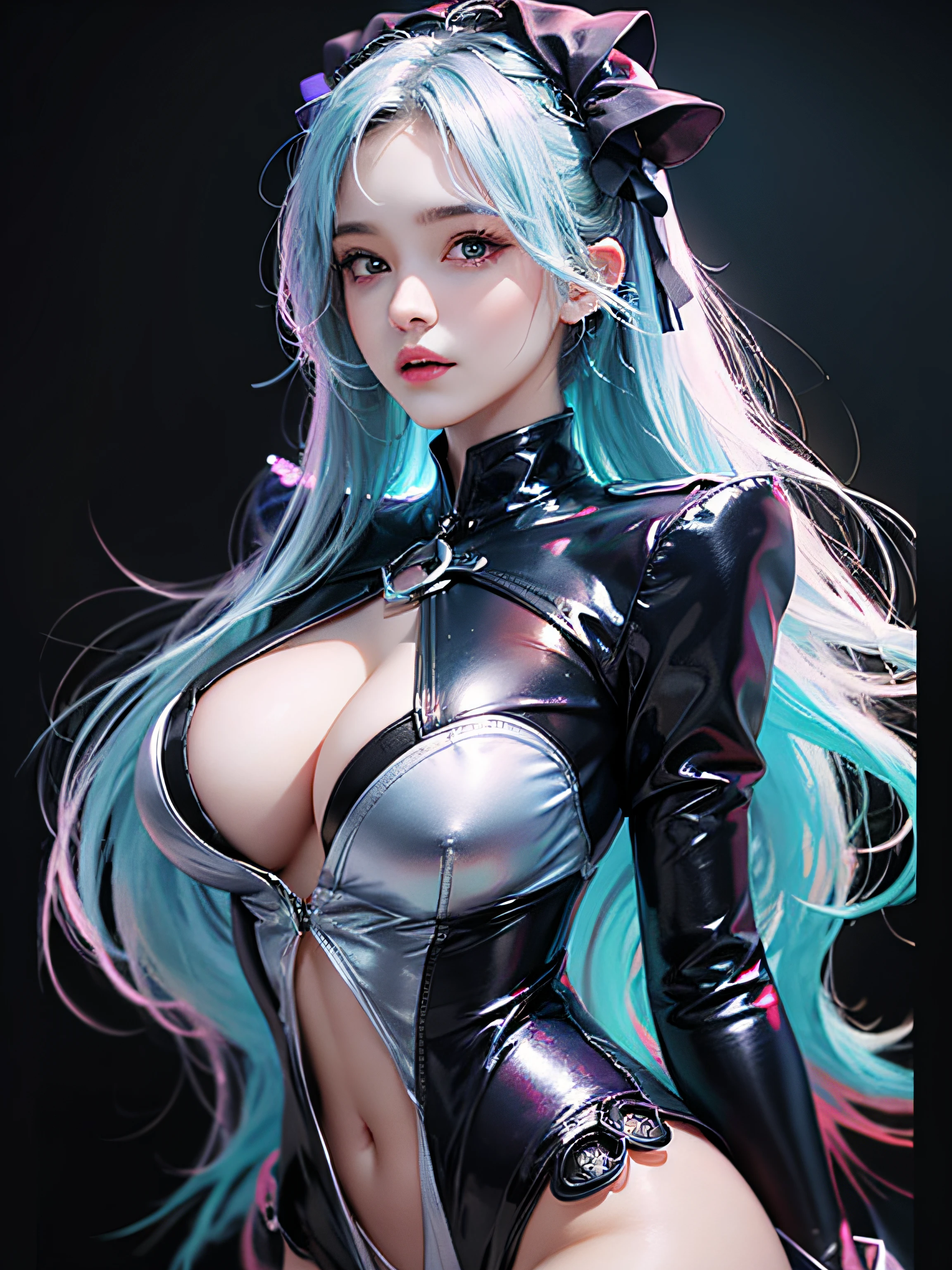 (((tmasterpiece)))、(((topquality)))、((Ultra-Resolution)), Stunning goth ta with big tits, android, in latex, blushful, Cyan eyes, Shy, in full height, sexypose, high quality graphics, incredible character creation art, the perfect body, Long white hair, aroused expression, jaw dropping beauty, Very realistic, HD обои, 8K, Bright and rich colors,