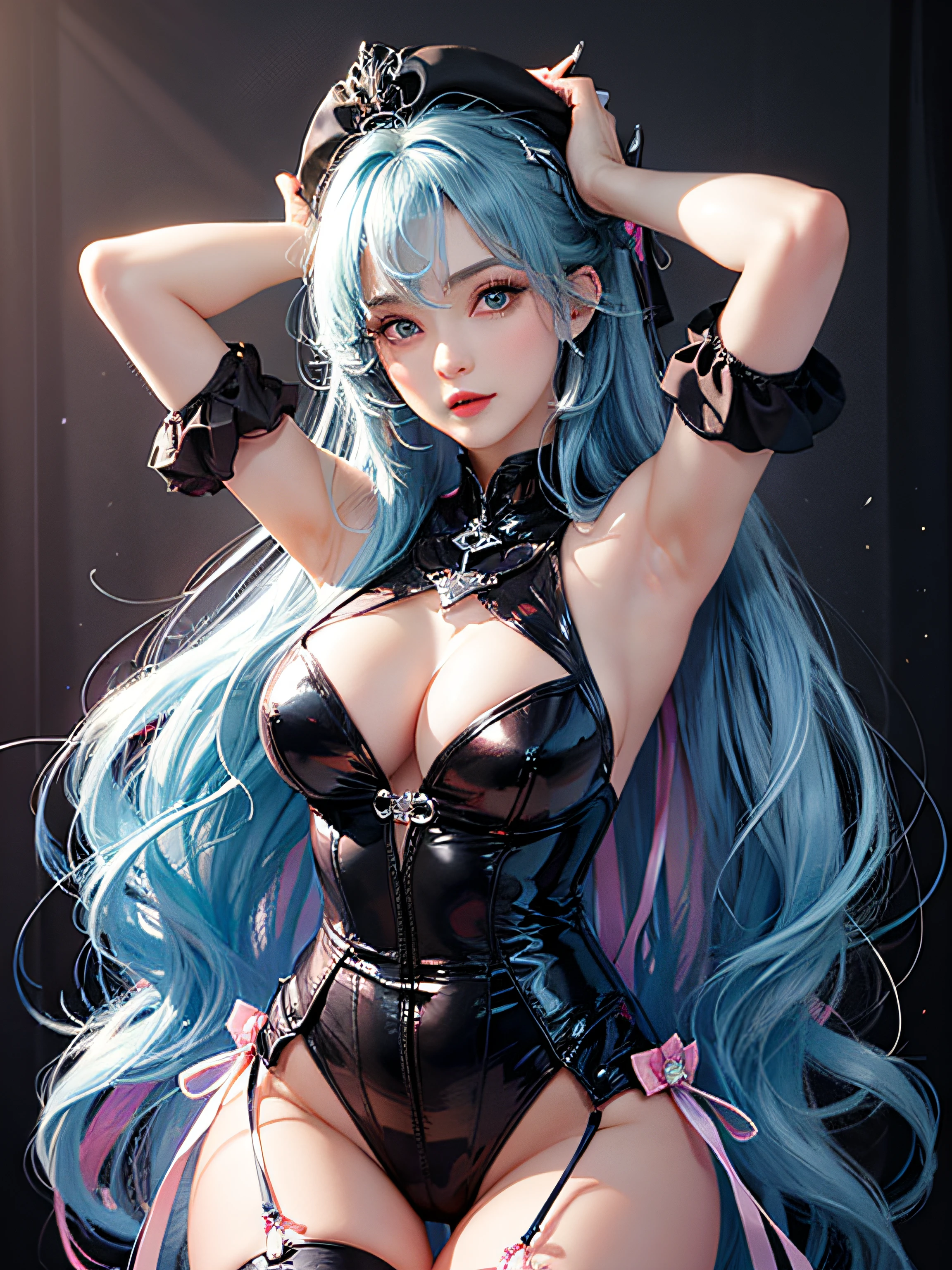 (((tmasterpiece)))、(((topquality)))、((Ultra-Resolution)), Stunning goth lolita with big tits, android, in latex, blushful, Cyan eyes, Shy, in full height, sexypose, high quality graphics, incredible character creation art, the perfect body, Long white hair, aroused expression, jaw dropping beauty, Very realistic, HD обои, 8K, Bright and rich colors,