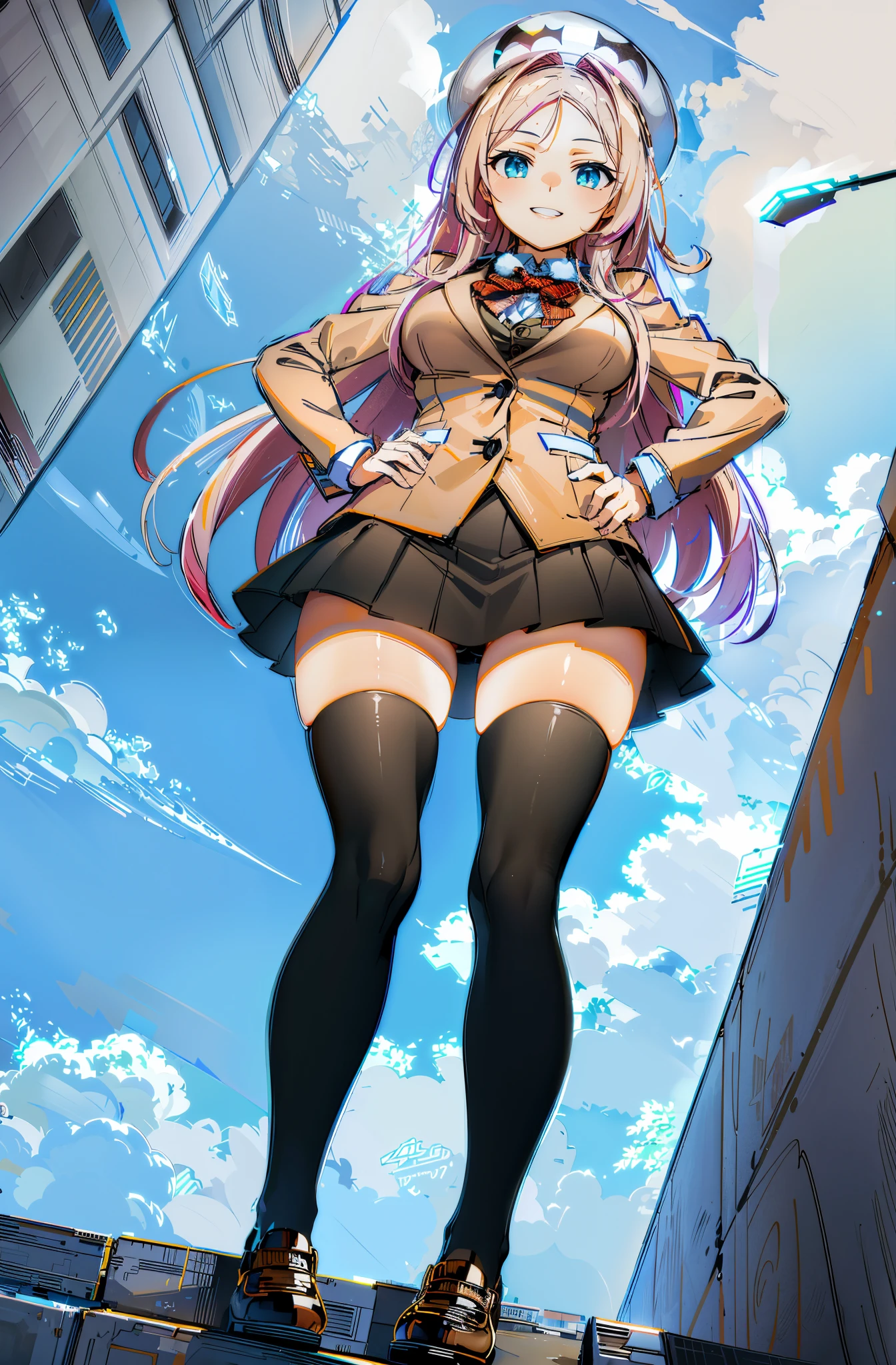 drakoi, 1girl, thighhighs, long hair, pink hair, school uniform, smile, hat, skirt, black thighhighs, large breasts, hand on hip, blazer, bow, fullbody, standing,