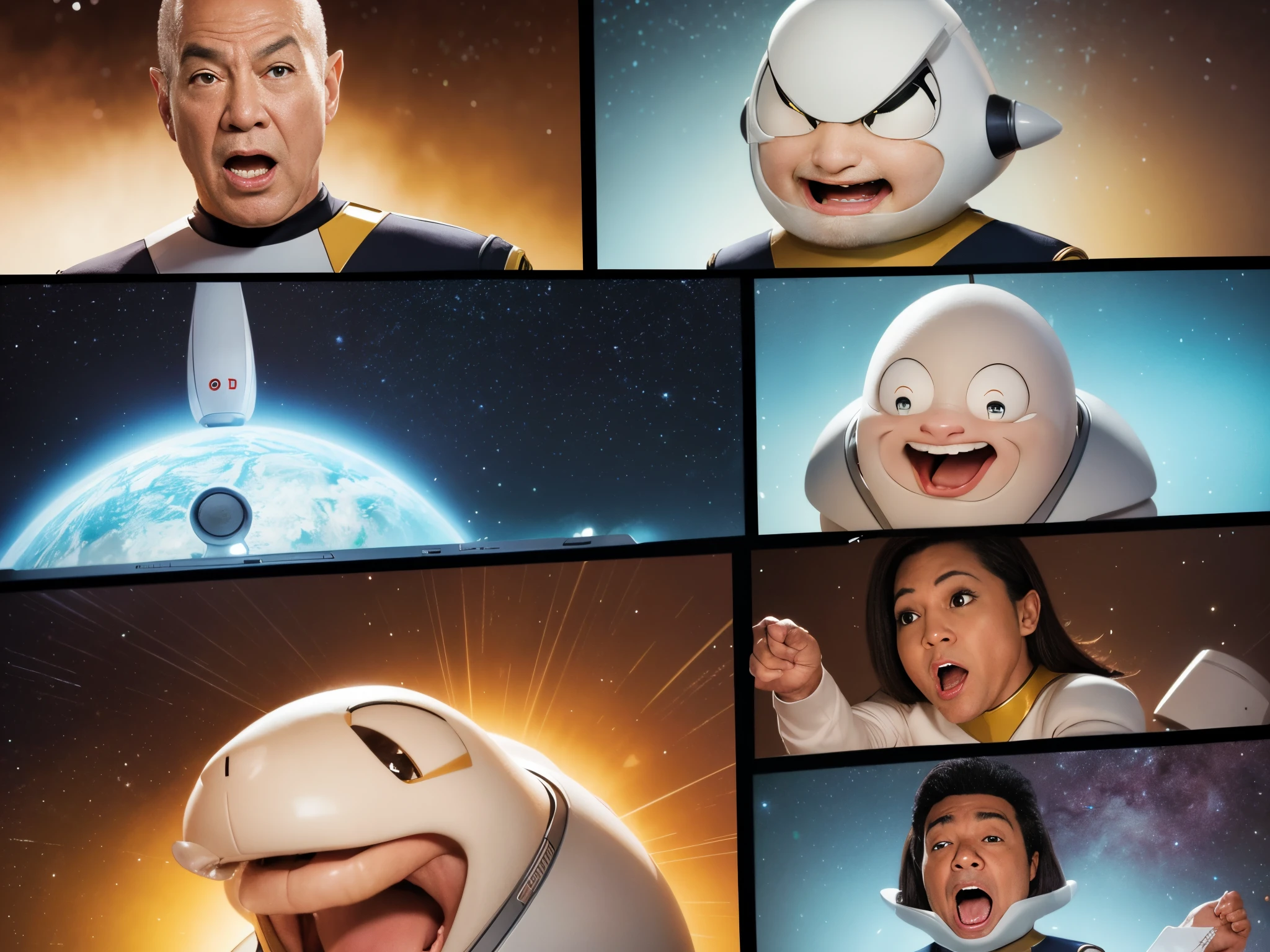 Create a humorous moment from Star Trek The Next Generation with exaggerated expressions and comedic elements, in a style reminiscent of classic sitcoms or the work of cartoonist Gary Larson.
