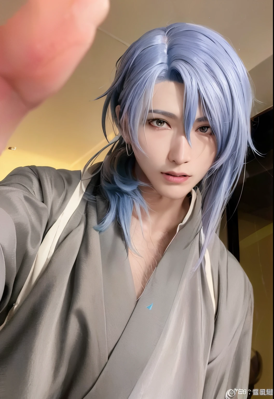 ((Best quality)), ((masterpiece)), 8k (detailed), ((perfect face)), ((halfbody)) perfect proporcions, He is a handsome vampire, he has long lilac hair, he has pointed ears, white skin, he wears jewelry on his neck, he has bare chest and arms, he has silver scales on his shoulders, he is in a lake, there is a forest with a lake at night ((perfect face)) halfbody ((fantasy ambience)) lilac hair