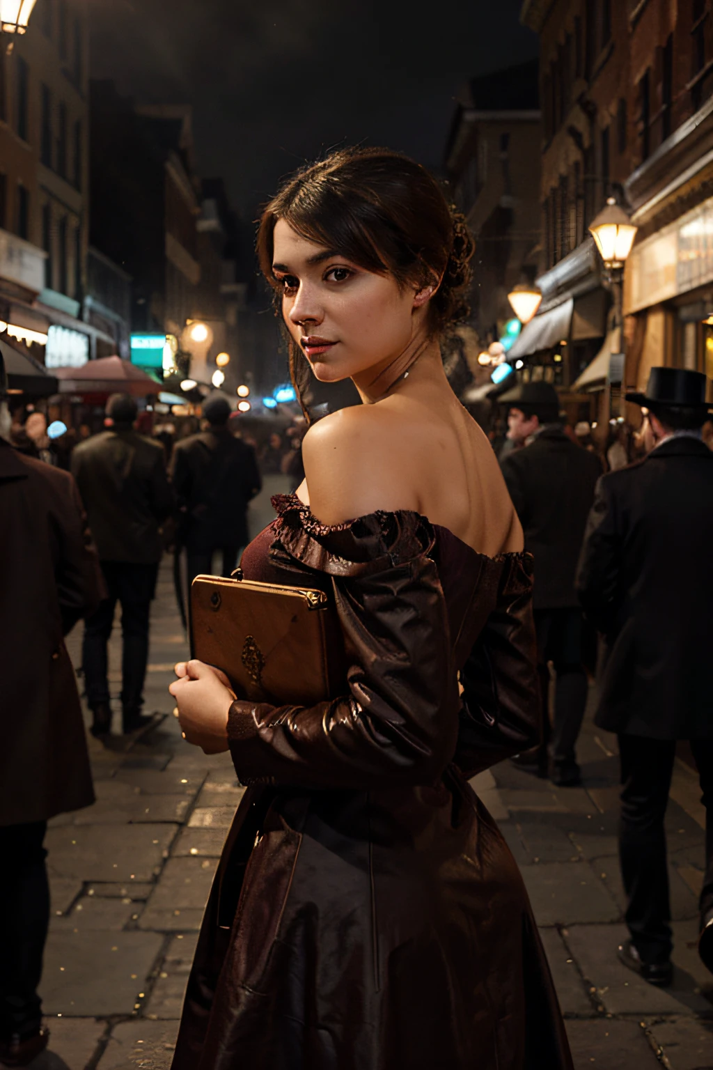 Em um movimentado mercado da era vitoriana, amidst the swirling fog and gas lamps, uma jovem determinada chamada Victoria, vestida com um rico vestido de veludo cor de vinho, Navigates the crowd with a leather-bound journal in hand. Ela olha por cima do ombro, sugerindo uma agenda misteriosa. O brilho nebuloso das lanternas de rua ilumina a cena, enhancing the cinematic atmosphere. looking in front of the camera