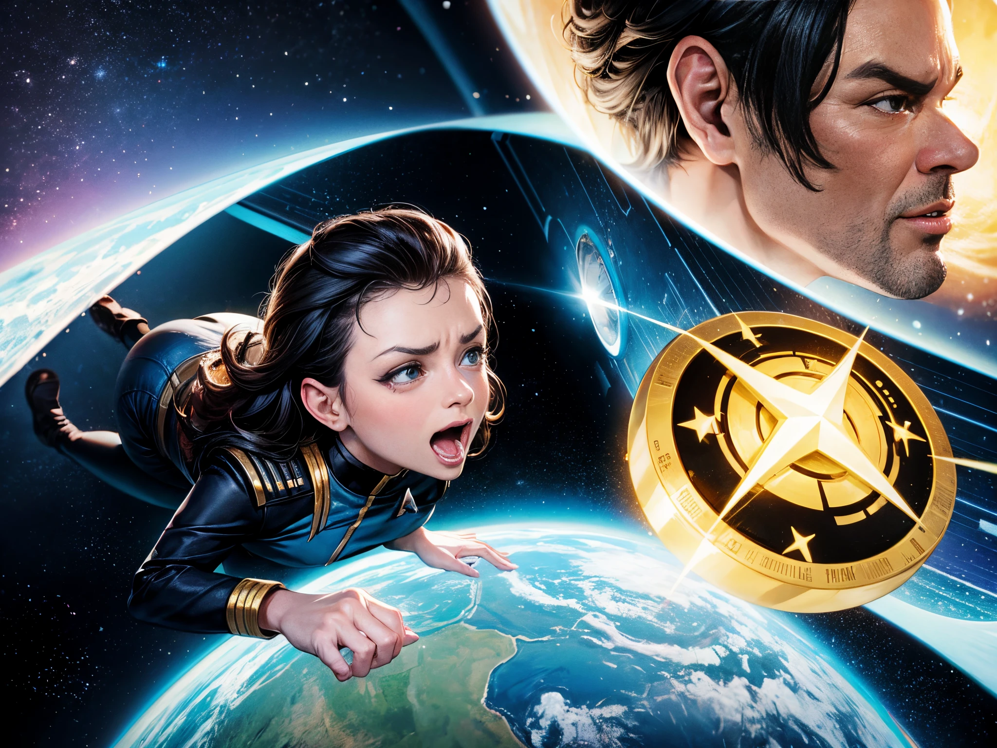 Create a humorous moment from Star Trek The Next Generation with exaggerated expressions and comedic elements, in a style reminiscent of classic sitcoms or the work of cartoonist Gary Larson.