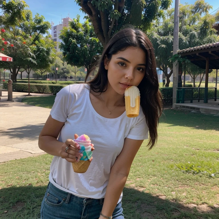 Mujer un parque comiendo helado