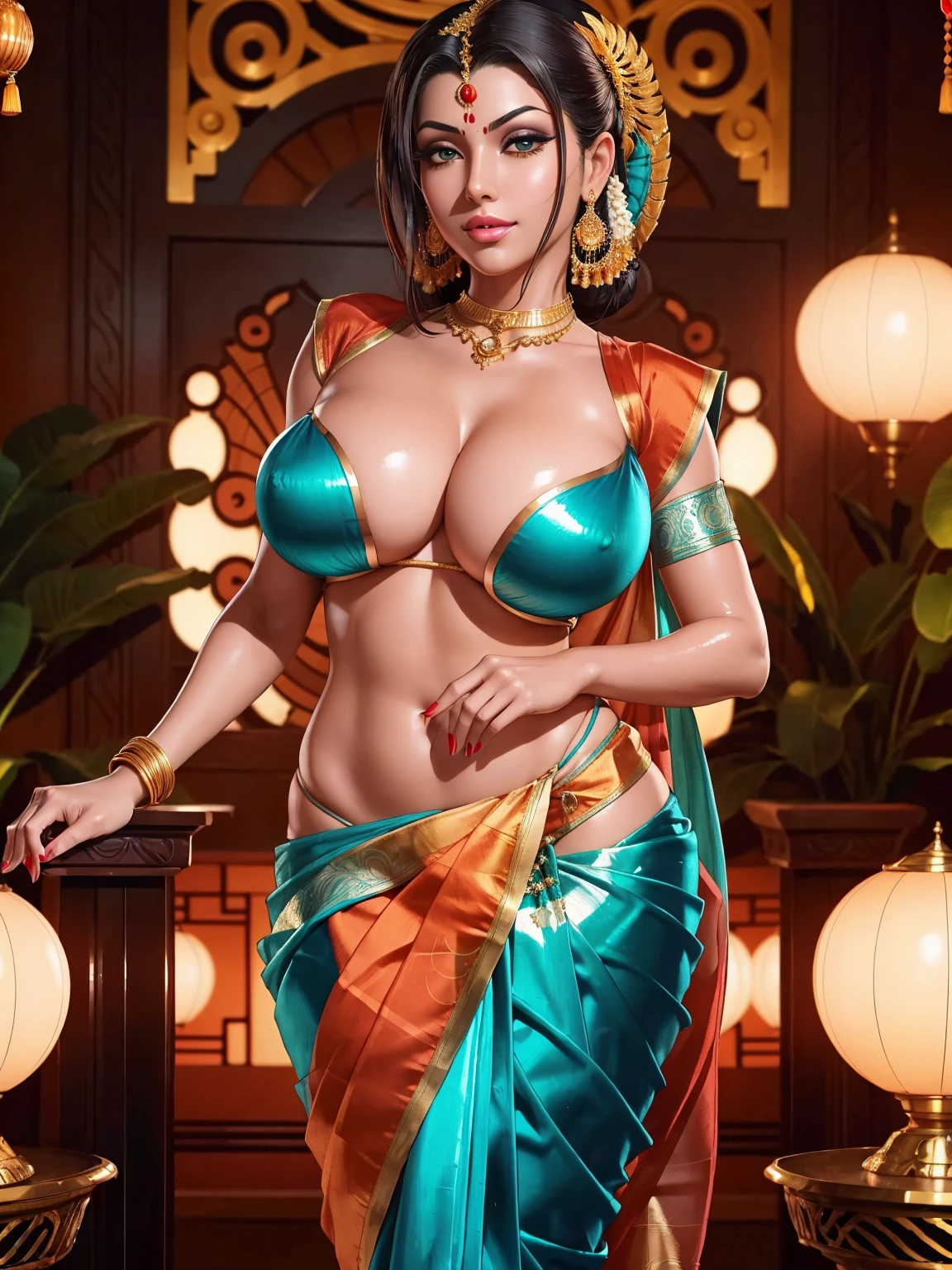 Mai Shiranui ( The King of Fighters XV character) as a gorgeous South Indian Empress wearing ((Teal Kasavu Saree)); ((ultra glossy lips)); ((Traditional South Indian Makeup)); ultrarealistic skin, ultrarealistic face; ultrarealistic body; ((ultrarealistic gold ornaments)); ((gigantic breasts)); ((overflowing huge breasts)); fully nude; coin slot pussy; detailed pussy; high resolution; detailed skin; ultra detailed eyes; ultra detailed face; ultra detailed lips; 4k resolution; both eyes are similar, heavily oiled shiny skin, sexy seductive pose, standing; looking at viewer, facing camera; full body photograph, DSLR photo; HDR, super-resolution, maximum clarity and sharpness, rule of thirds, 8k raw, reflections, sharp focus