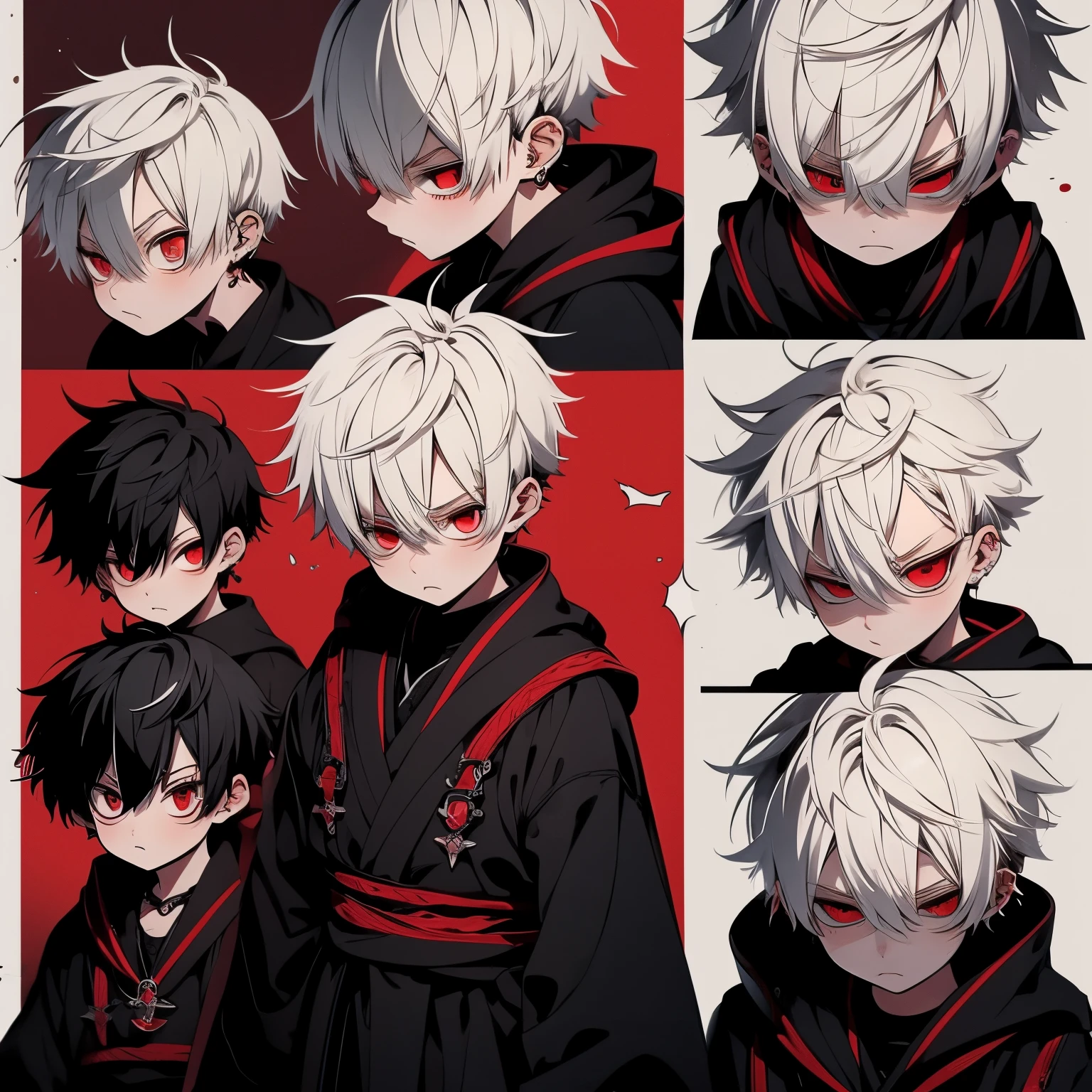 Character design sheet, male, ???, aged 10, white hair, short messy hair, red eyes, 4 seperate expression of character, anger, amazement, sad, happy, worn out black robes, alignment of 4 images, expression pack , character model, high quality