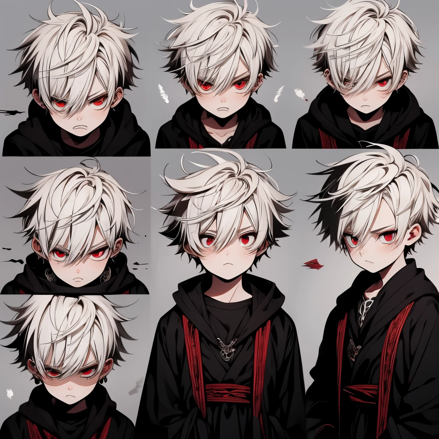 Character design sheet, male, ???, aged 10, white hair, short messy hair, red eyes, 4 seperate expression of character, anger, amazement, sad, happy, worn out black robes, alignment of 4 images, expression pack , character model, high quality