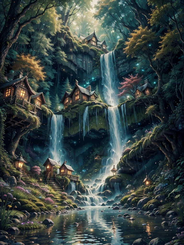 Enchanting fairy village, waterfall, little houses, fantasy place