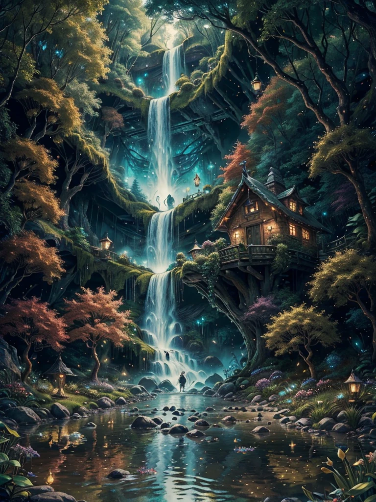 Enchanting fairy village, waterfall, little houses, fantasy place