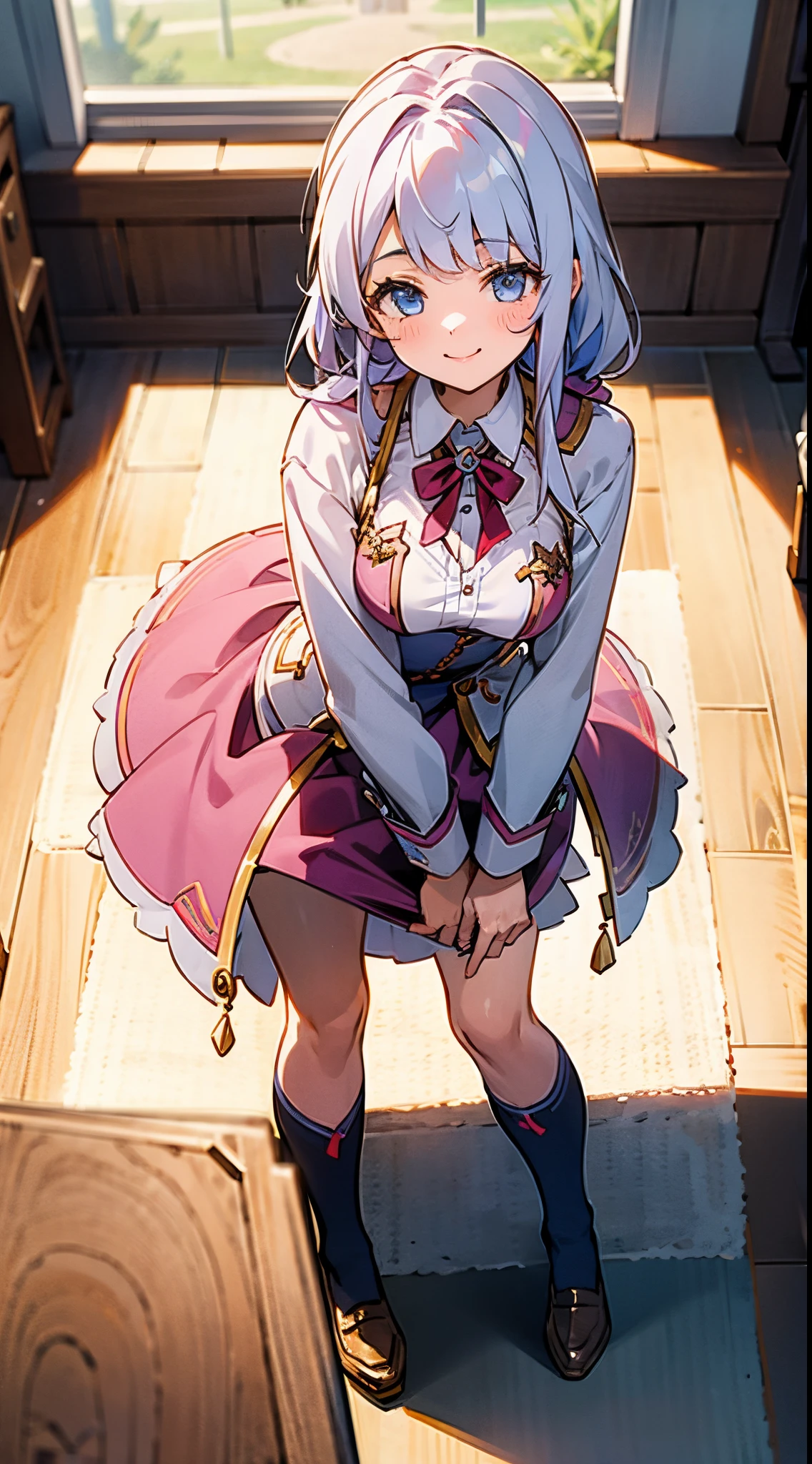 Anna Miller's Uniform, cute girl clerk, customer service smile, leaning down, Emphasized chest, and draw the full body