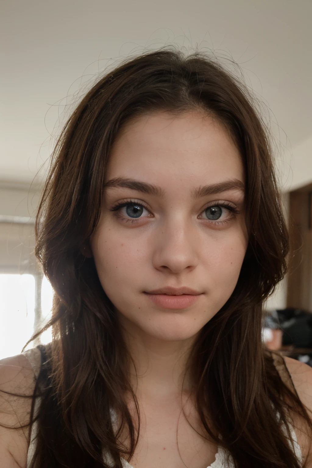 ((best quality)), ((masterpiece)), (detailed), perfect face, age about 20 years old, 1 girl, passport photo, blue eyes, brown hair, flowing long hair, photo