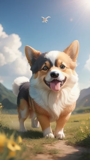 Glowing Welsh Corgi, blue, black, gold, 4k resolution, masterpiece, playing in the wind, raytracing, 2d cartoon