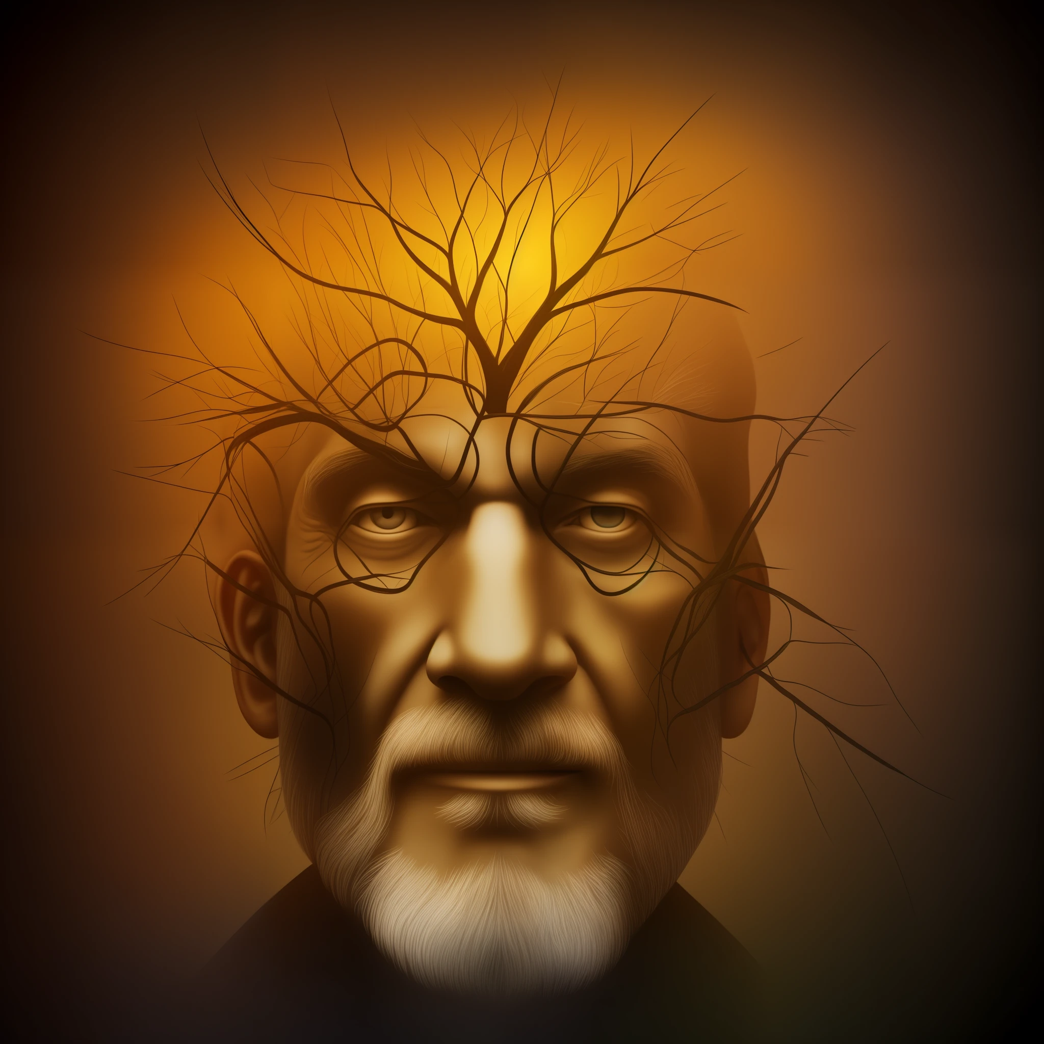 mental path with neurons, a digital drawing of a brain and a face , old man, palheta de cor azul