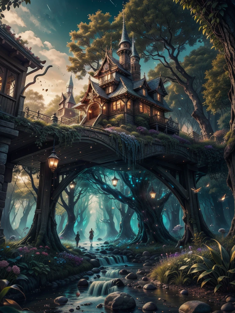 (best quality,4k,8k,highres,masterpiece:1.2),ultra-detailed,(realistic,photorealistic,photo-realistic:1.37),vibrant colors,bokeh,(dreamlike,fantasy,enchanted:1.2),fairy,fairies,houses,village,little beings,enchanted forest,glimmering lights,glowing ,colorful flowers,sparkling river,ethereal atmosphere,whimsical architecture,serene,enchanted environment,enchanting landscape,magical beings,magical creatures,playful,mystical,magical glow,eccentric details,lush foliage,mythical,delicate structures,dreamy,fairy dust,sparkling wings,tiny pathways,secret hideouts,magical activities,twinkling stars,glowing fireflies