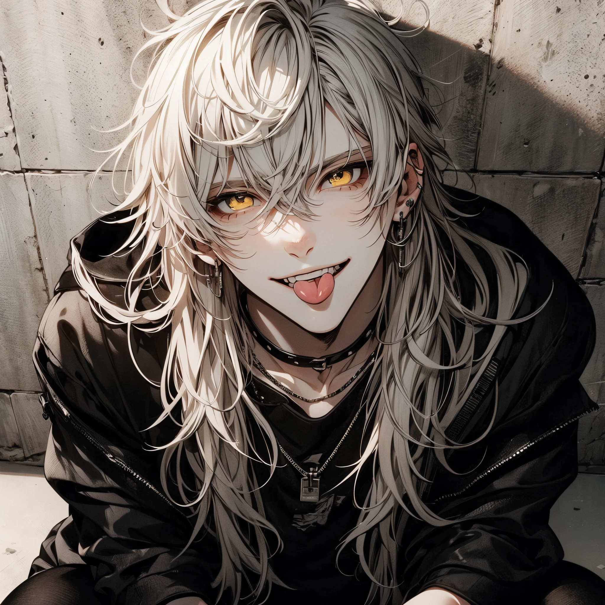 yellow eyes, Beautiful young man, white hair, long hair, bangs up, forehead, long cut eyes, Evil smile, black rock outfit, stick out your tongue, beautiful, handsome, cool, handsome, concrete wall in background, overhead view, crouching, smirk, high quality, amount of drawing, pixiv illustration