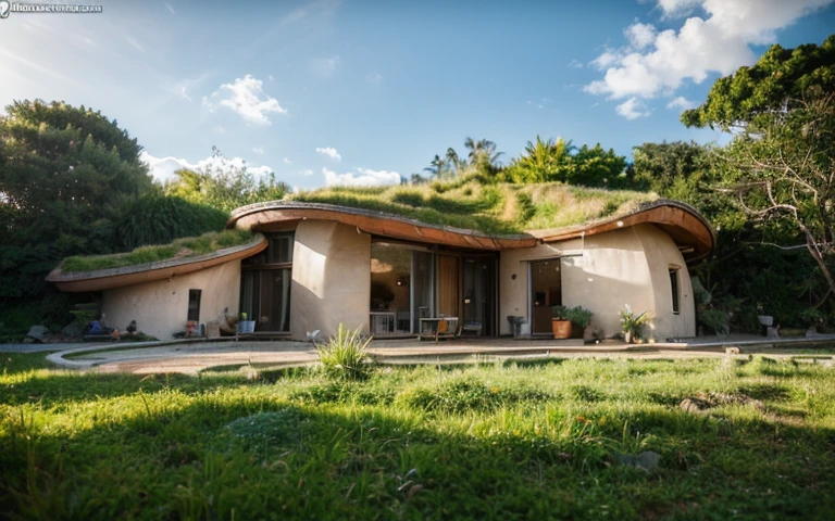 A photograph of a symmetrical contemporary house with (((one hyperbolic paraboloid green roof))) and (((biological pool))) and (((base wall rock foundation))) in a tropical backyard, high roof and long eaves, mustard yellow terracota plaster walls (((rustic clay stucco))), ((corner walls rounded)), ((rustic clay plaster)), (((terracotta walls with rounded corners, organic curves))), (((rustic earth plaster, mud))), (((hyperbolic-shaped green roof with wooden edge))), (((wooden roof structure, wooden rake, wooden fascia board))), eaves, ((roof with wooden structure)), In Bahia (((tropical garden))), ((natural houses, organic buildings, organic architecture)), ecovillage, sustainable architecture, bioconstruction architecture, solarpunk architecture, (((grass roof, green roof, green wave roof, rounded roof, vegetated roofs))), (((rock base foundation wall, foundation height 30cm, stone base wall 30cm high))), ((green architecture)), passive house, clear sky in the background, painful beauty, modern, imposing, green house, ((Bali hobbit Hadid Style)), super resolution, cinematic, color grading, editorial photography, photography, photo shoot, (((dramatic front eye top angle view))), O 50mm, depth of field, intricate details, natural colors, sharp focus, warm light, shutter speed 1/1000, F/22, White Balance, Ray Trace Reflections, Lumen Reflections, Screen Space Reflections, Diffraction Rating, Chromatic Aberration, GB Shift, Partial Lighting, Backlighting, Daylighting, Scan Lines, ambient occlusion, antialiasing, shaders, OpenGL-Shaders, GLSL-Shaders, Post-processing, post-production, shading, tone mapping, incredibly detailed and complex, hypermaximalist, elegant, hyperrealistic, super detailed, dynamic pose, Fujifilm XT