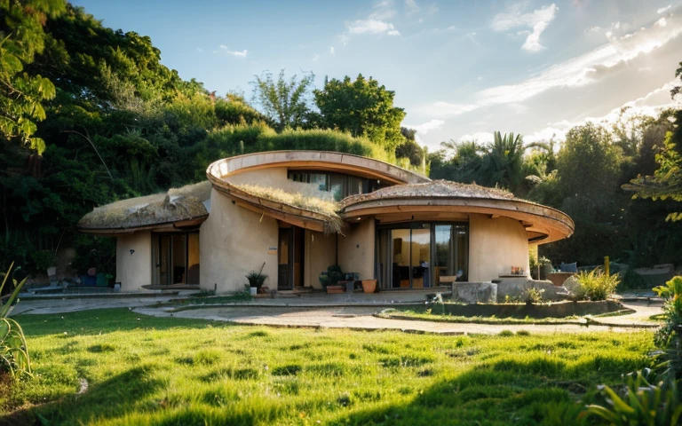 A photograph of a symmetrical contemporary house with (((one hyperbolic paraboloid green roof))) and (((biological pool))) and (((base wall rock foundation))) in a tropical backyard, high roof and long eaves, mustard yellow terracota plaster walls (((rustic clay stucco))), ((corner walls rounded)), ((rustic clay plaster)), (((terracotta walls with rounded corners, organic curves))), (((rustic earth plaster, mud))), (((hyperbolic-shaped green roof with wooden edge))), (((wooden roof structure, wooden rake, wooden fascia board))), eaves, ((roof with wooden structure)), In Bahia (((tropical garden))), ((natural houses, organic buildings, organic architecture)), ecovillage, sustainable architecture, bioconstruction architecture, solarpunk architecture, (((grass roof, green roof, green wave roof, rounded roof, vegetated roofs))), (((rock base foundation wall, foundation height 30cm, stone base wall 30cm high))), ((green architecture)), passive house, clear sky in the background, painful beauty, modern, imposing, green house, ((Bali hobbit Hadid Style)), super resolution, cinematic, color grading, editorial photography, photography, photo shoot, (((dramatic front eye top angle view))), O 50mm, depth of field, intricate details, natural colors, sharp focus, warm light, shutter speed 1/1000, F/22, White Balance, Ray Trace Reflections, Lumen Reflections, Screen Space Reflections, Diffraction Rating, Chromatic Aberration, GB Shift, Partial Lighting, Backlighting, Daylighting, Scan Lines, ambient occlusion, antialiasing, shaders, OpenGL-Shaders, GLSL-Shaders, Post-processing, post-production, shading, tone mapping, incredibly detailed and complex, hypermaximalist, elegant, hyperrealistic, super detailed, dynamic pose, Fujifilm XT