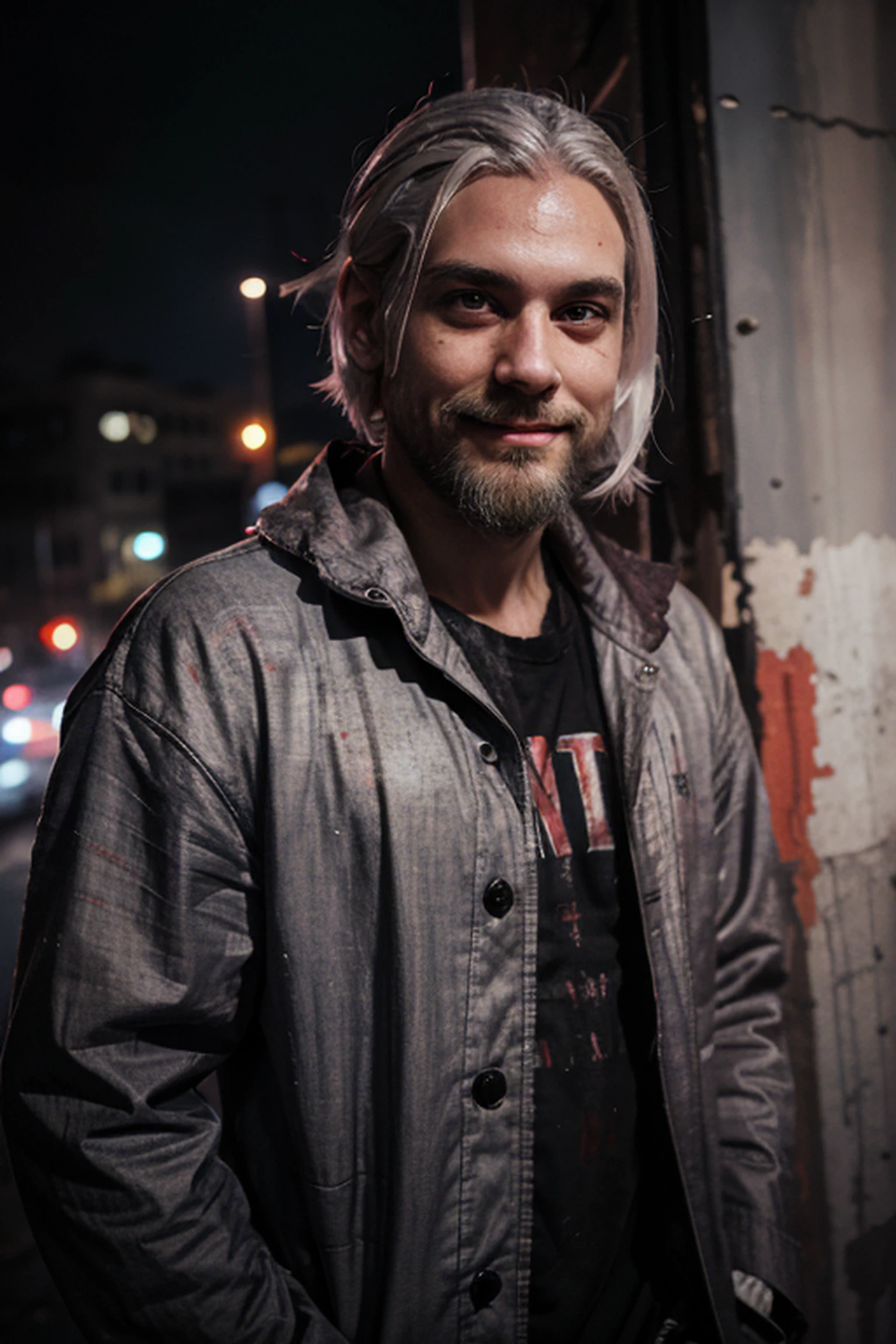 pale man, magro, olhos arregalados, sorriso nervoso, fino, platinado, cabelo e barba, com roupas leves, completamente sujo, com tinta seca, cor vermelha, estilo despojado, grunge, urban gothic background, city at night